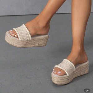 Beige Woven Slide Sandals